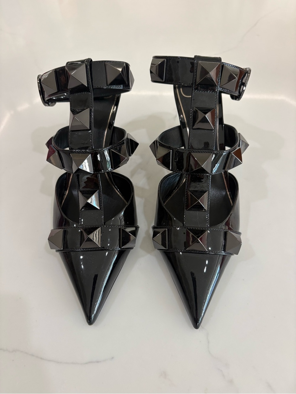 Valentino Black Patent Rockstud Pointed T-Strap Pumps